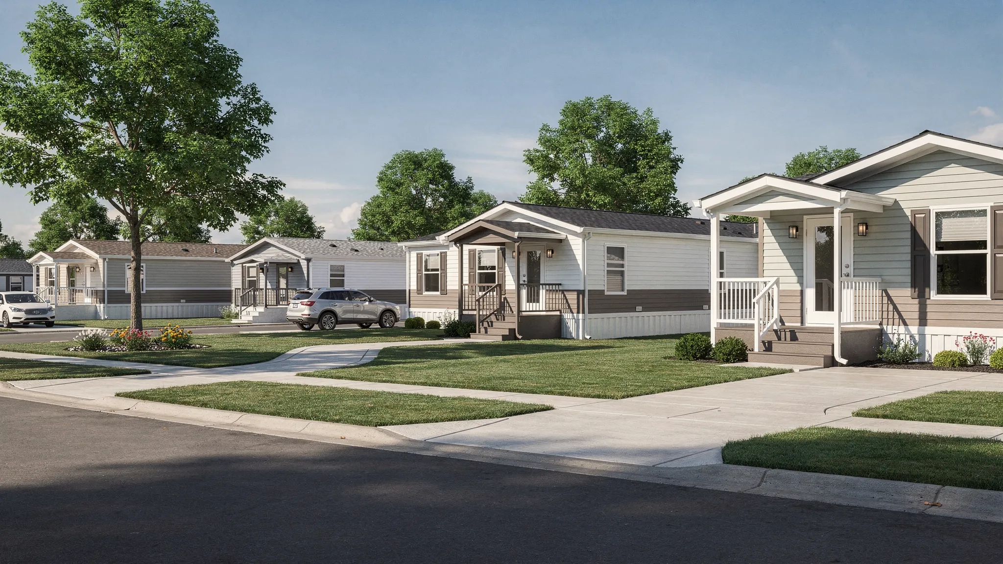 A well-maintained manufactured home community with modern homes, paved streets, trimmed lawns, shade trees, and a quiet neighborhood setting suitable for households comparing places to live.