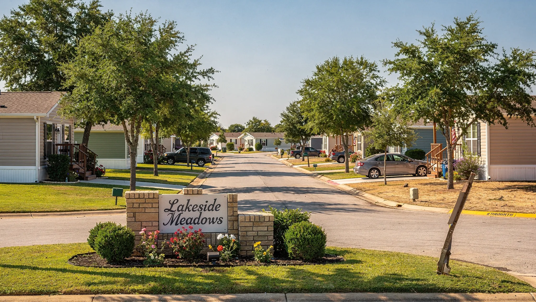 Rows of well-maintained manufactured homes in a Texas community with paved streets, visible skirting, small yards, shade trees, and a community entrance sign.