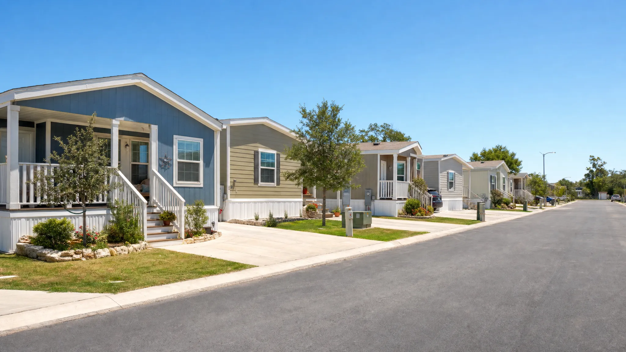 A clean manufactured home community in San Antonio with well-kept lots, paved driveways, utility hookups, small yards, and several modern homes spaced along a quiet street.