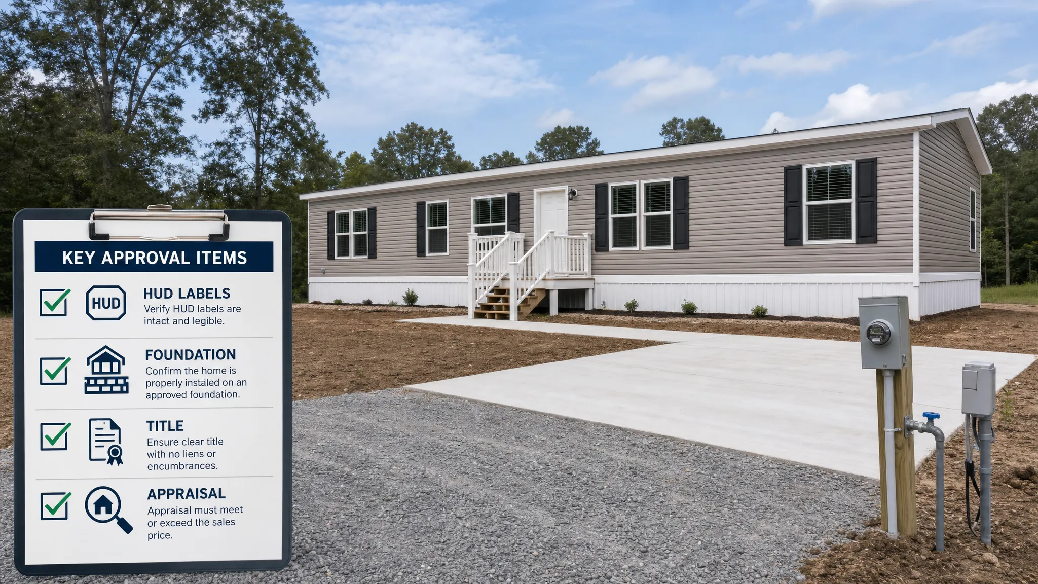 A double wide manufactured home on a prepared lot with a driveway, utility connections, and a checklist board highlighting HUD labels, foundation, title, and appraisal as the key approval items.
