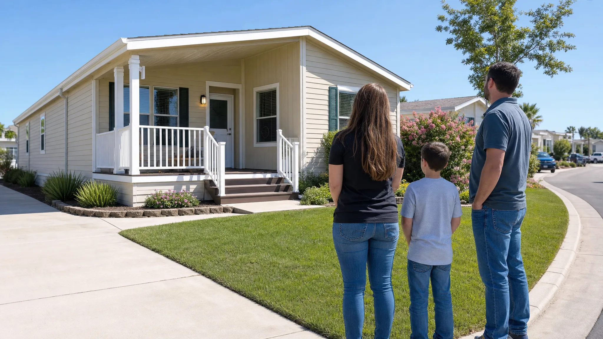 A family stands near the front yard of a manufactured home in an all-age community, looking at the porch, driveway, and nearby street while evaluating whether the space fits their daily routine.