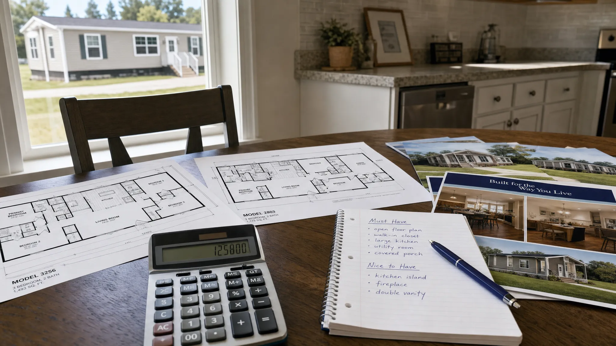 A kitchen table with manufactured home floor plans, a calculator, handwritten notes, and brochures arranged for side-by-side comparison, with a manufactured home visible through a nearby window.