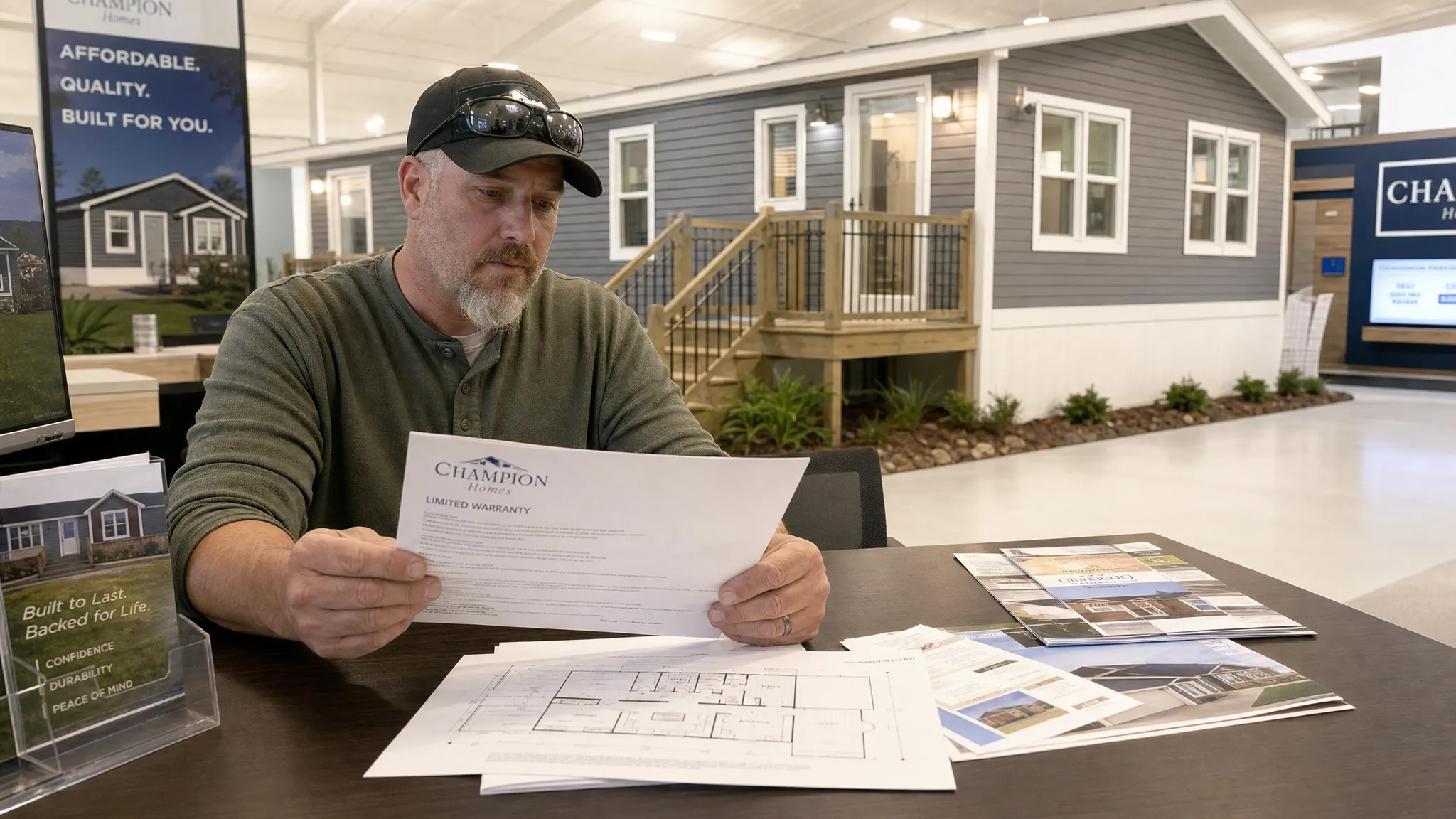 A manufactured home buyer reviewing warranty paperwork and a floor plan at a home center desk, with a modern manufactured home model visible in the background.