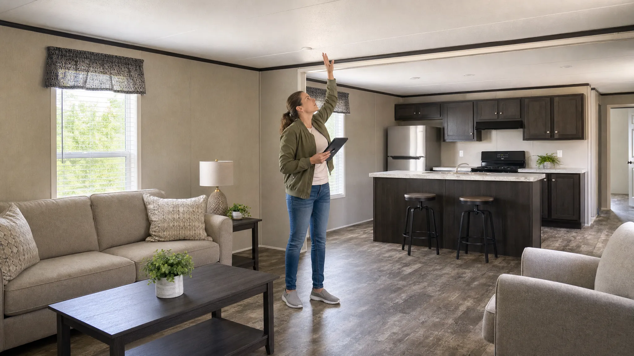 A manufactured home rental tour scene showing a clean living room, open kitchen, visible windows, and a renter carefully checking floors, appliances, and ceiling condition before move-in.