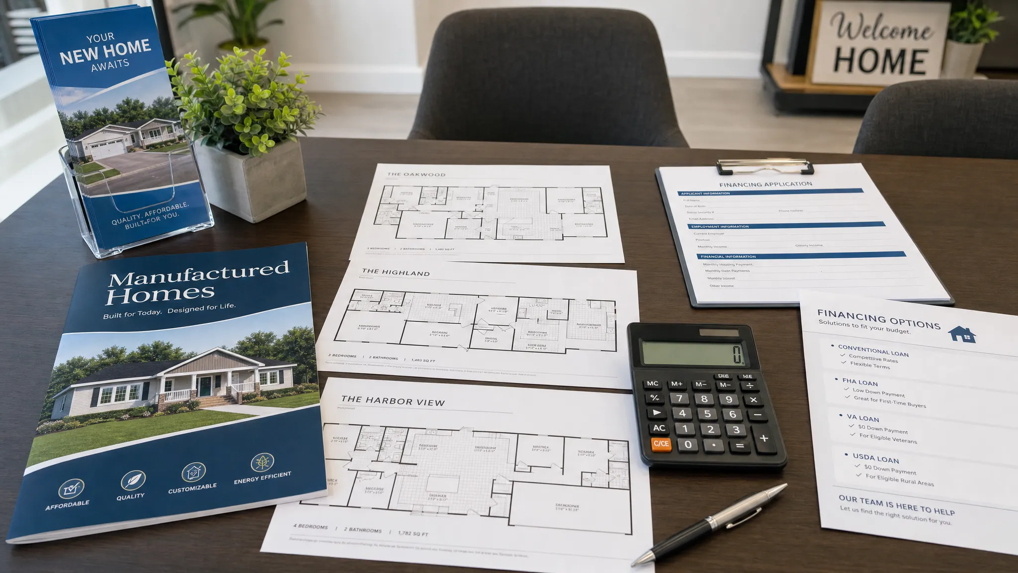 A manufactured home sales office table with printed floor plans, financing paperwork, a calculator, and a model home brochure arranged neatly for a buyer consultation.