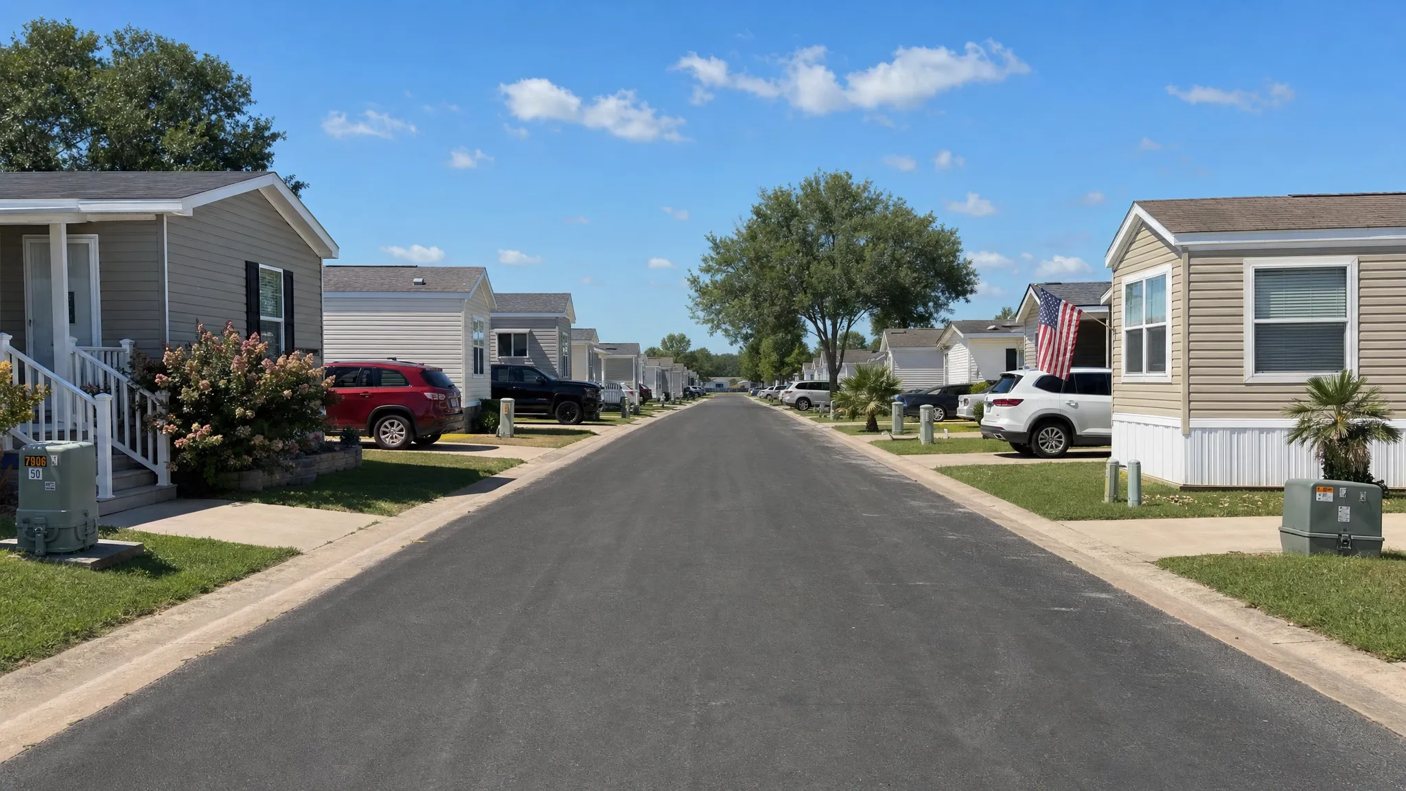 A quiet manufactured housing community street lined with well-kept homes, driveways, small lawns, and visible utility pedestals, viewed from the center of the road on a sunny Texas afternoon.