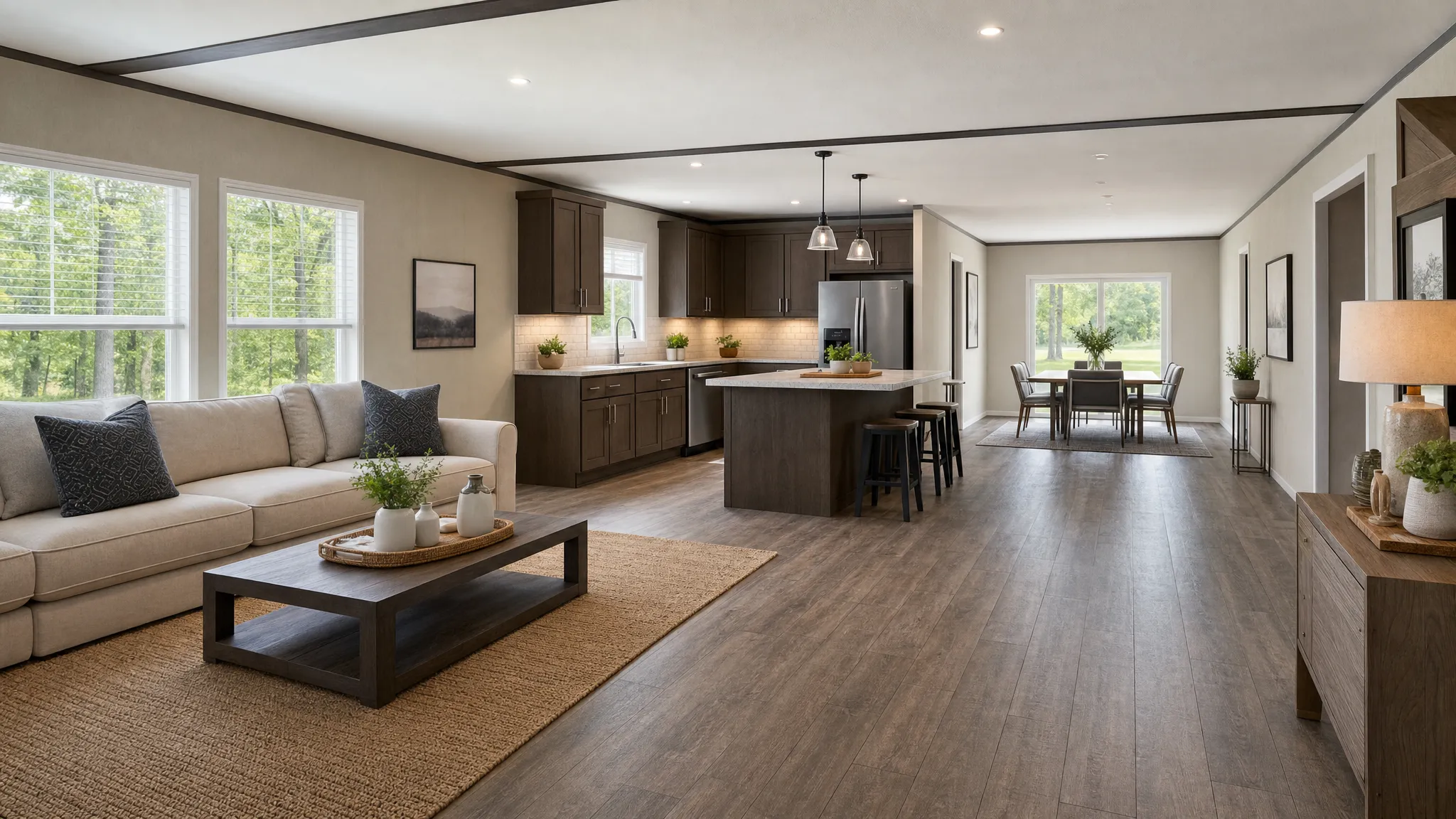 A spacious double wide manufactured home interior with an open living room, modern kitchen island, dining area, and natural light coming through wide windows, shown from the corner of the room looking toward the kitchen and back windows.