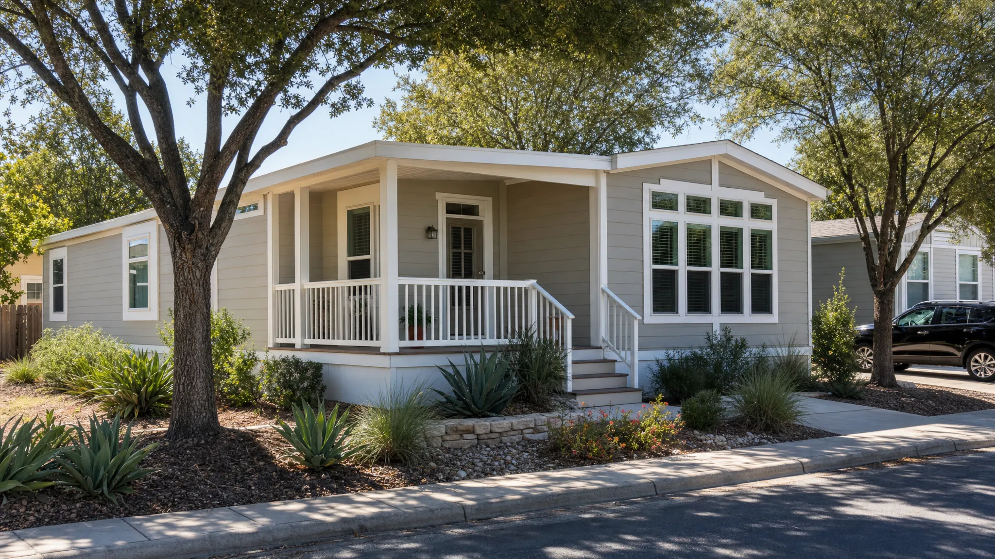 An energy efficient manufactured home in a San Antonio neighborhood with a shaded porch, modern windows, a light-colored exterior, and landscaping that helps reduce heat around the home.