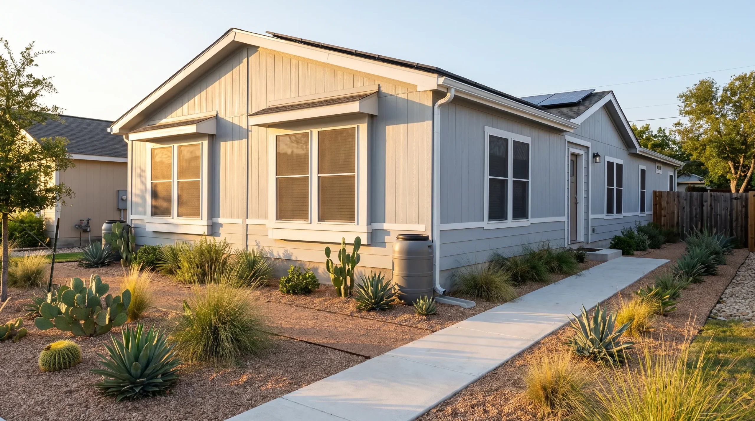 A bright manufactured home exterior in a San Antonio neighborhood with shaded windows, drought-tolerant landscaping, a clean walkway, and warm afternoon sunlight showing practical eco-friendly home features.