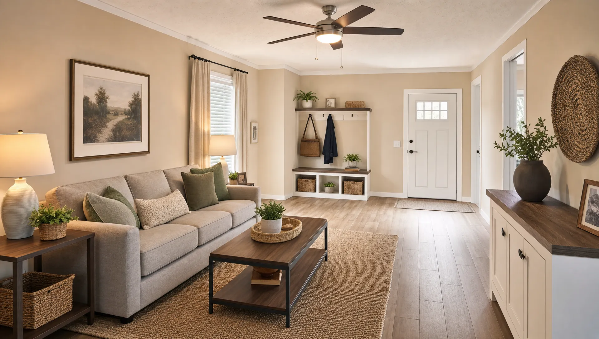 A bright modern manufactured home living room with warm neutral walls, wood-look flooring, a compact sofa, layered lighting, woven textures, and simple built-in storage that keeps the space open and timeless.