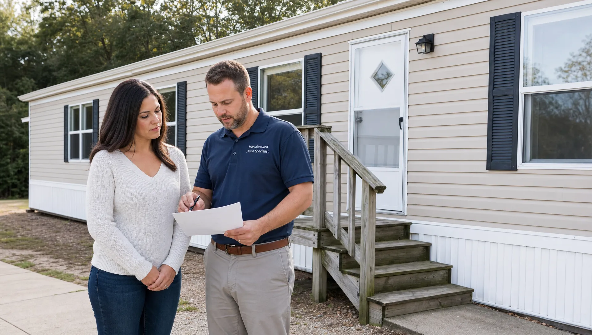 A buyer and manufactured home specialist standing outside a pre-owned mobile home, reviewing a paper checklist near the front steps, with visible skirting, windows, siding, and roofline.