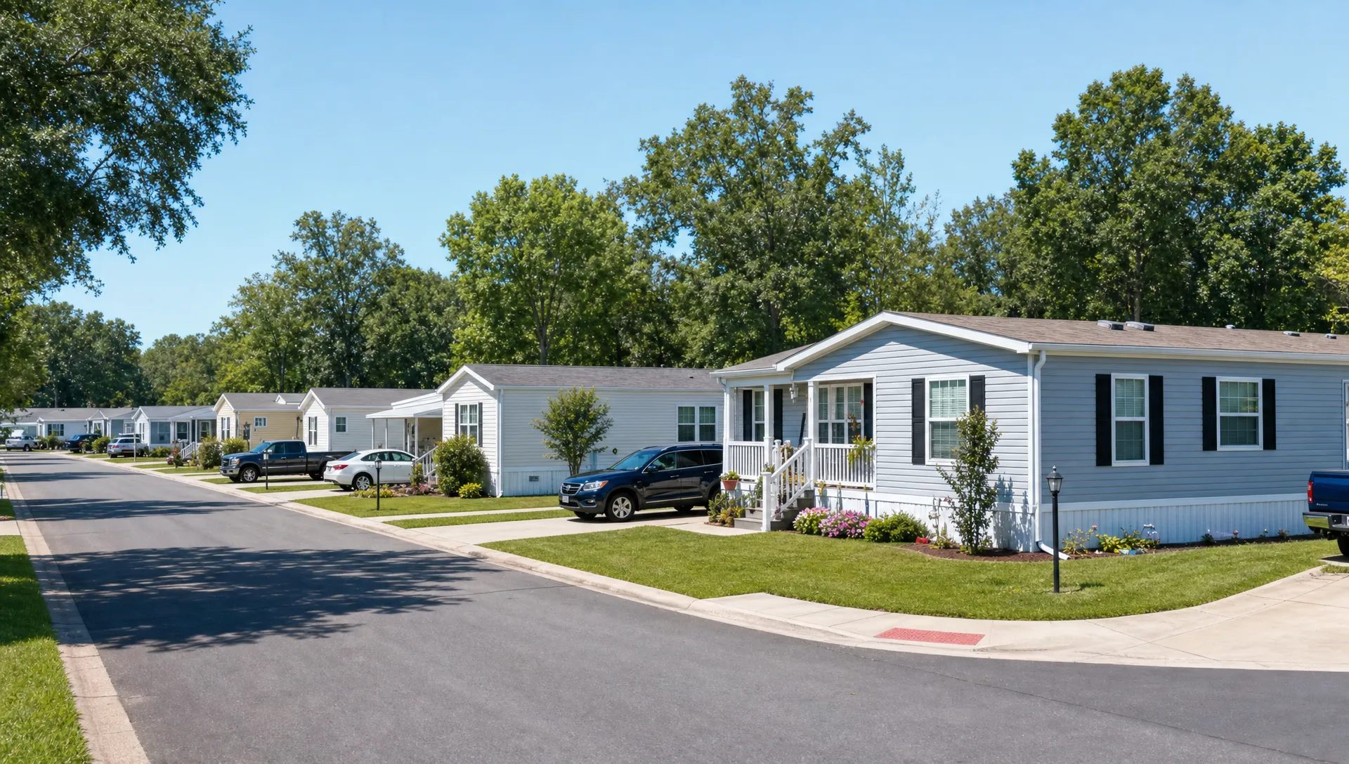 A clean manufactured home community with paved roads, well-kept yards, parked vehicles, mature trees, and several single-section and double-section homes arranged along a quiet neighborhood street, viewed from a slightly elevated corner angle.