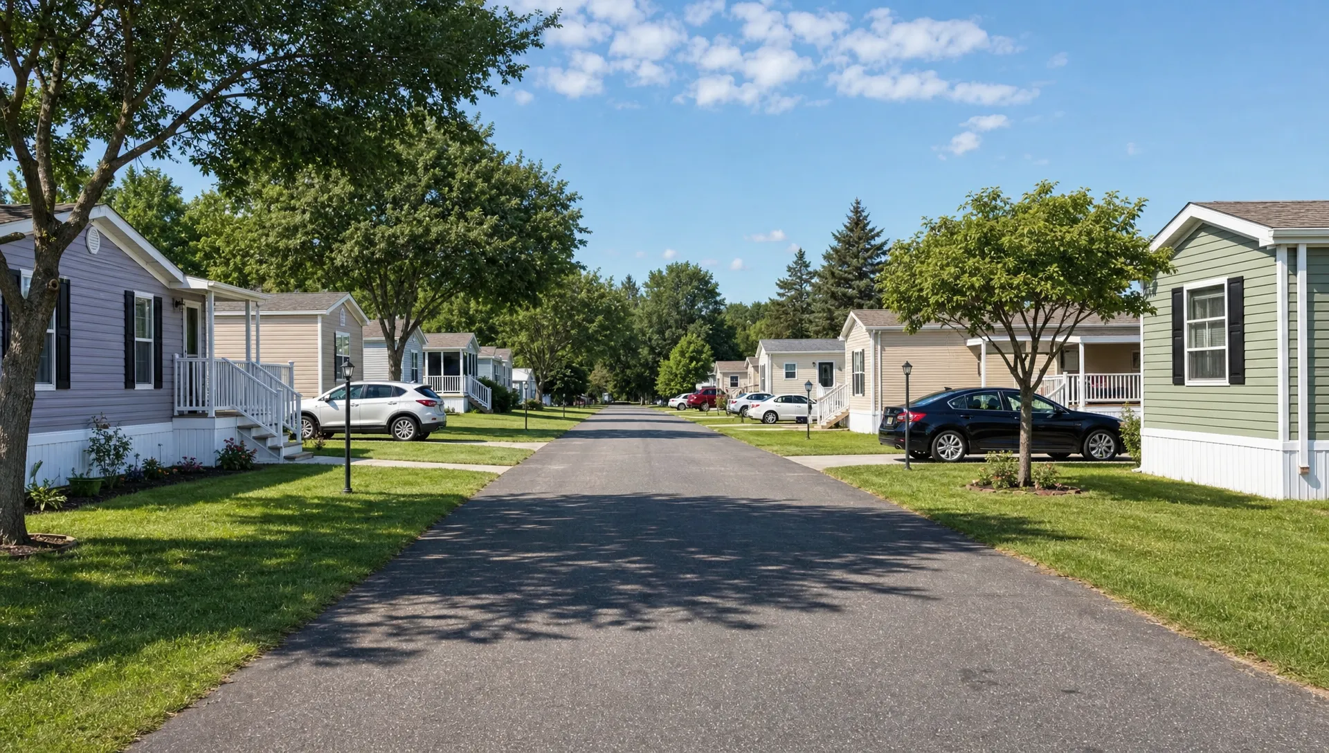 A clean manufactured home neighborhood with paved streets, trimmed lawns, shaded lots, driveways, and modern mobile homes spaced apart along a straight residential lane.