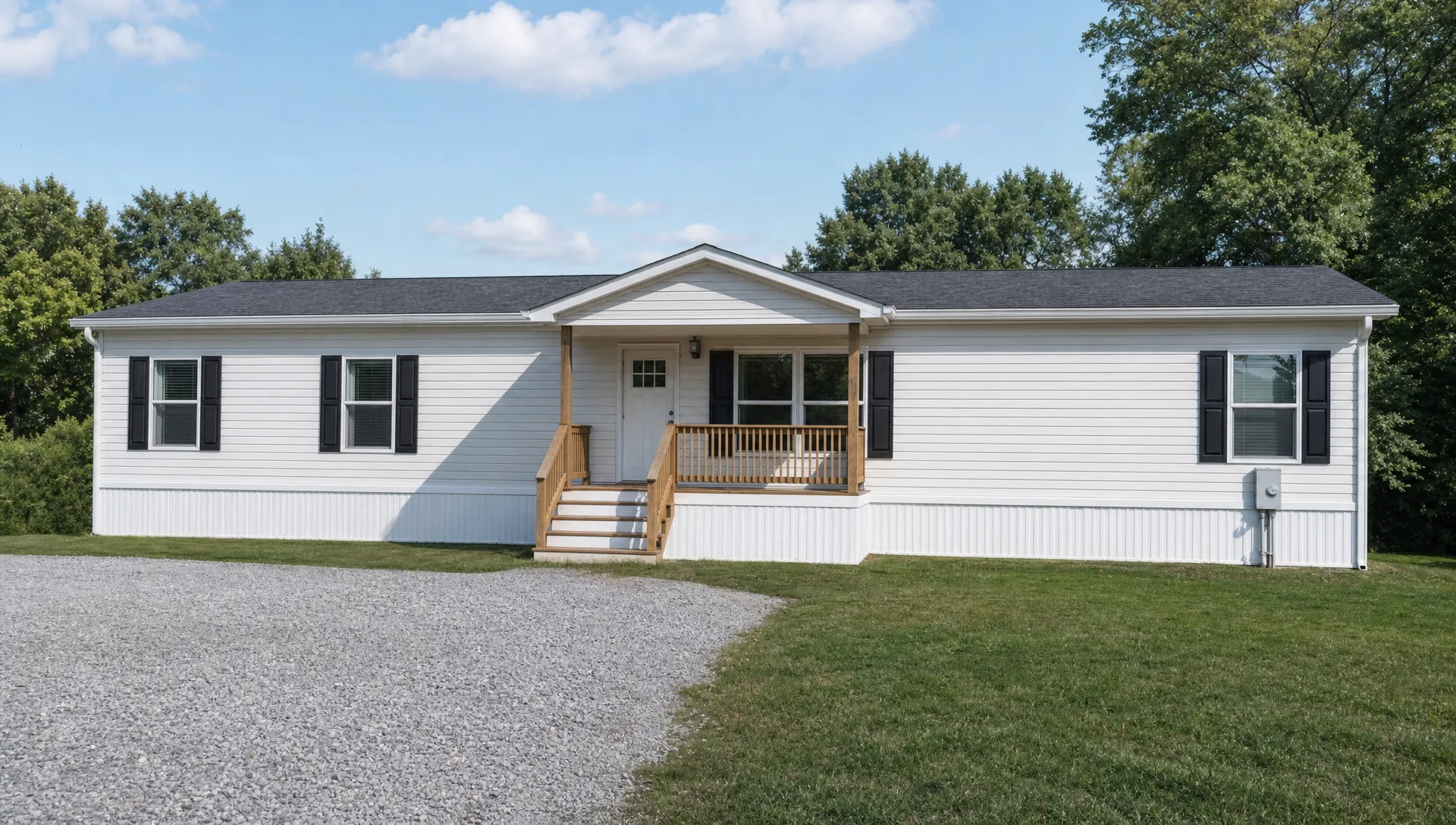 A double wide manufactured home viewed from the front on a clean residential lot, with skirting, steps, a small front porch, and open space around the home for inspecting the exterior, roofline, foundation area, and utilities.