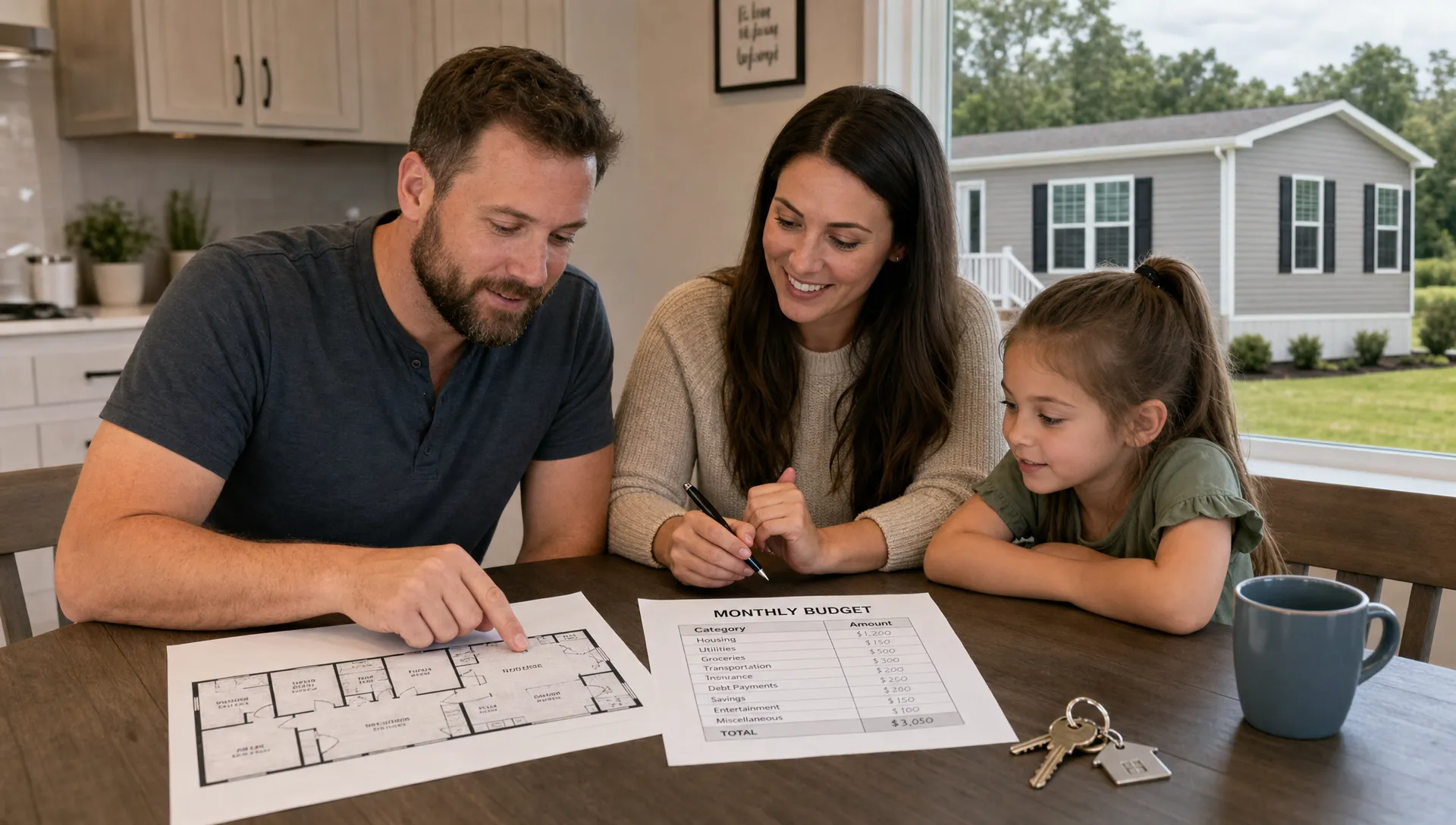 A family at a kitchen table comparing a manufactured home floor plan, a monthly budget worksheet, and house keys, with a modern manufactured home visible through a nearby window.