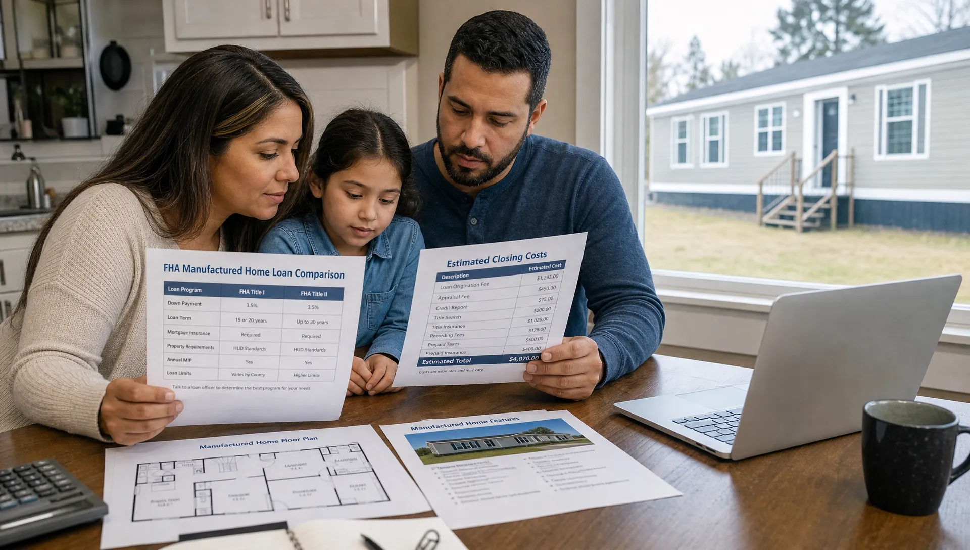 A family sits at a kitchen table reviewing printed FHA manufactured home loan comparisons, floor plans, and closing cost estimates while a manufactured home model is visible through a nearby window.