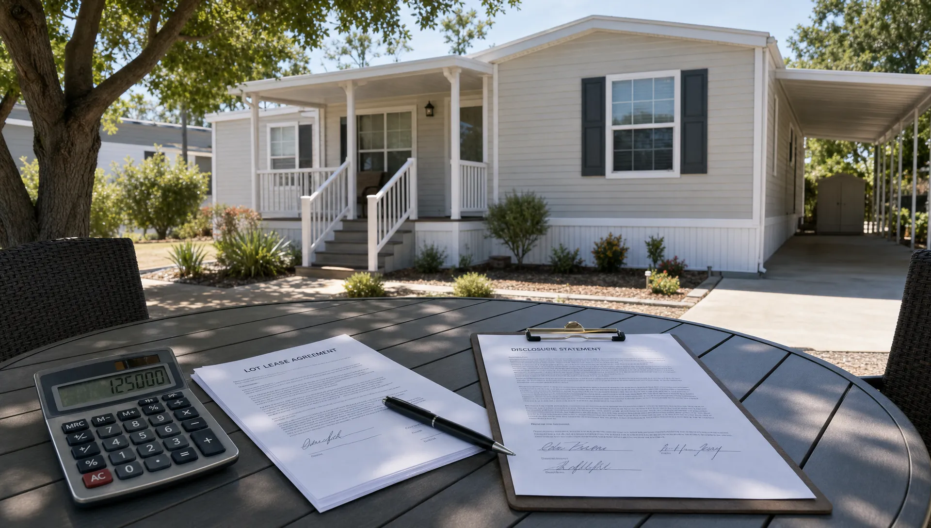 A manufactured home beside a separate lot-lease table on a shaded patio, with a calculator, signed papers, and a clipboard in the foreground and the home’s porch and driveway visible in the background.
