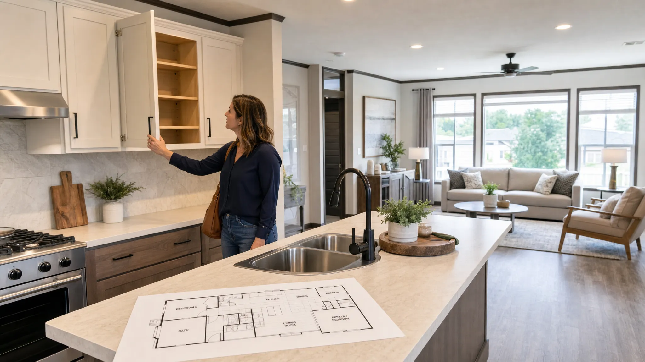 A manufactured home buyer touring a bright modern kitchen and living area, with open cabinets, large windows, and a printed floor plan on the counter for comparison.
