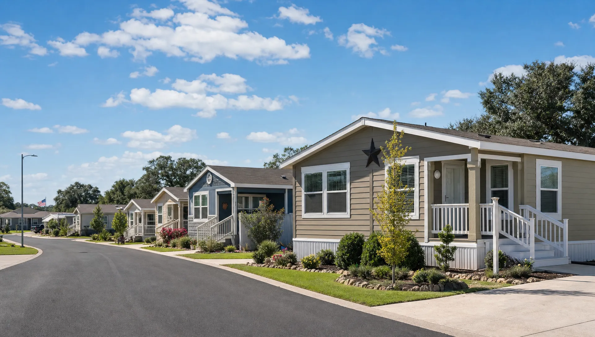 A manufactured home community in San Antonio with modern single-story homes, small front yards, paved streets, and clear afternoon light, showing an approachable neighborhood setting for first-time buyers.