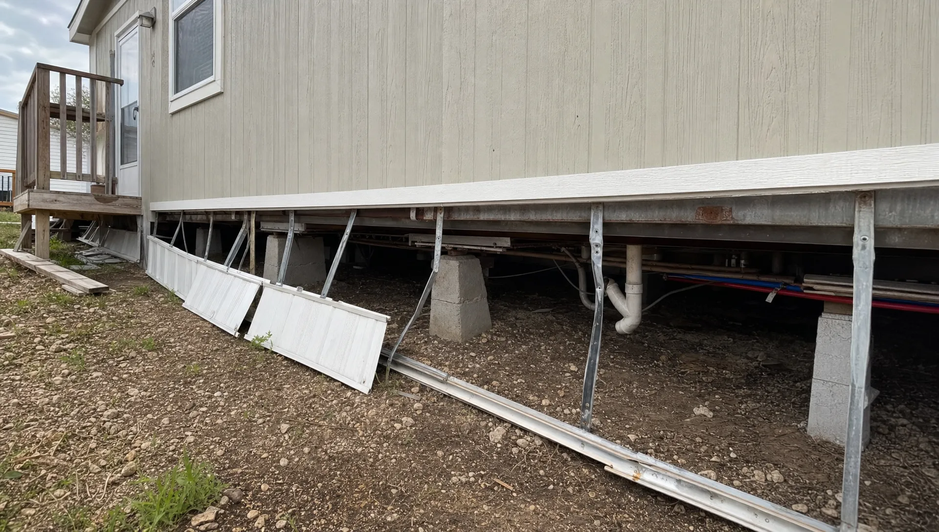 A manufactured home in Texas with skirting partially opened to show concrete piers, tie-down straps, plumbing lines, and ground beneath the home during an inspection.