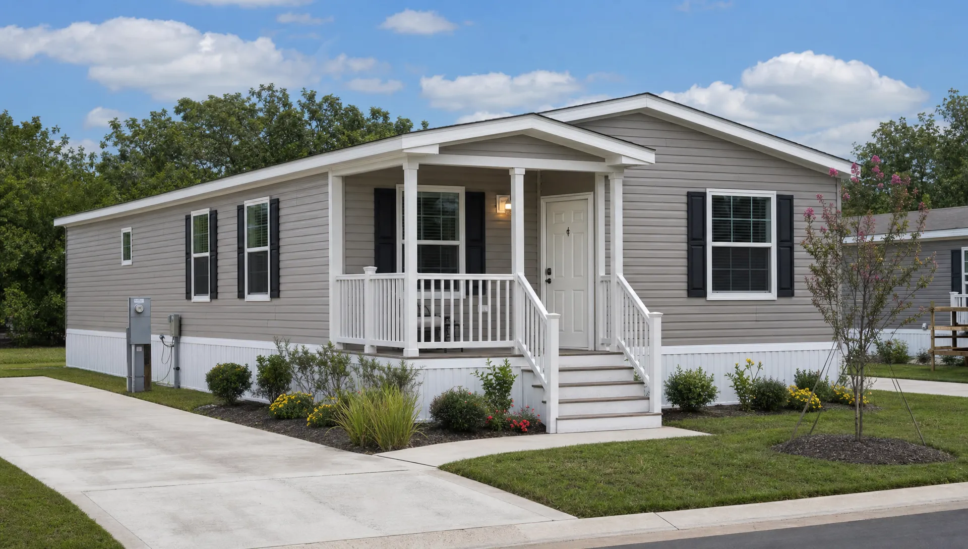 A manufactured home on a prepared lot in a Texas neighborhood, with a driveway, utility hookups, skirting, landscaping, and a small covered front entry.