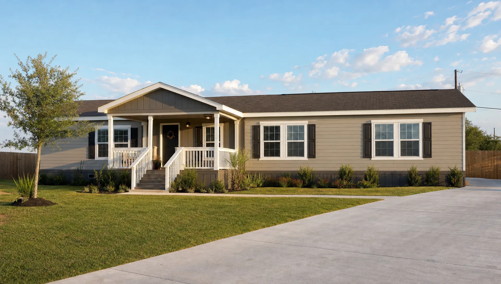 A modern double wide manufactured home on a clean residential lot in South Texas, with a covered front entry, simple landscaping, a wide driveway, and warm afternoon light emphasizing the exterior details.
