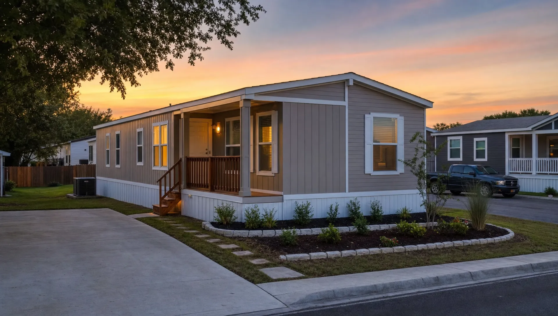 A modern manufactured home in a San Antonio neighborhood with a small front porch, neat landscaping, a driveway, and evening light over nearby trees and homes.