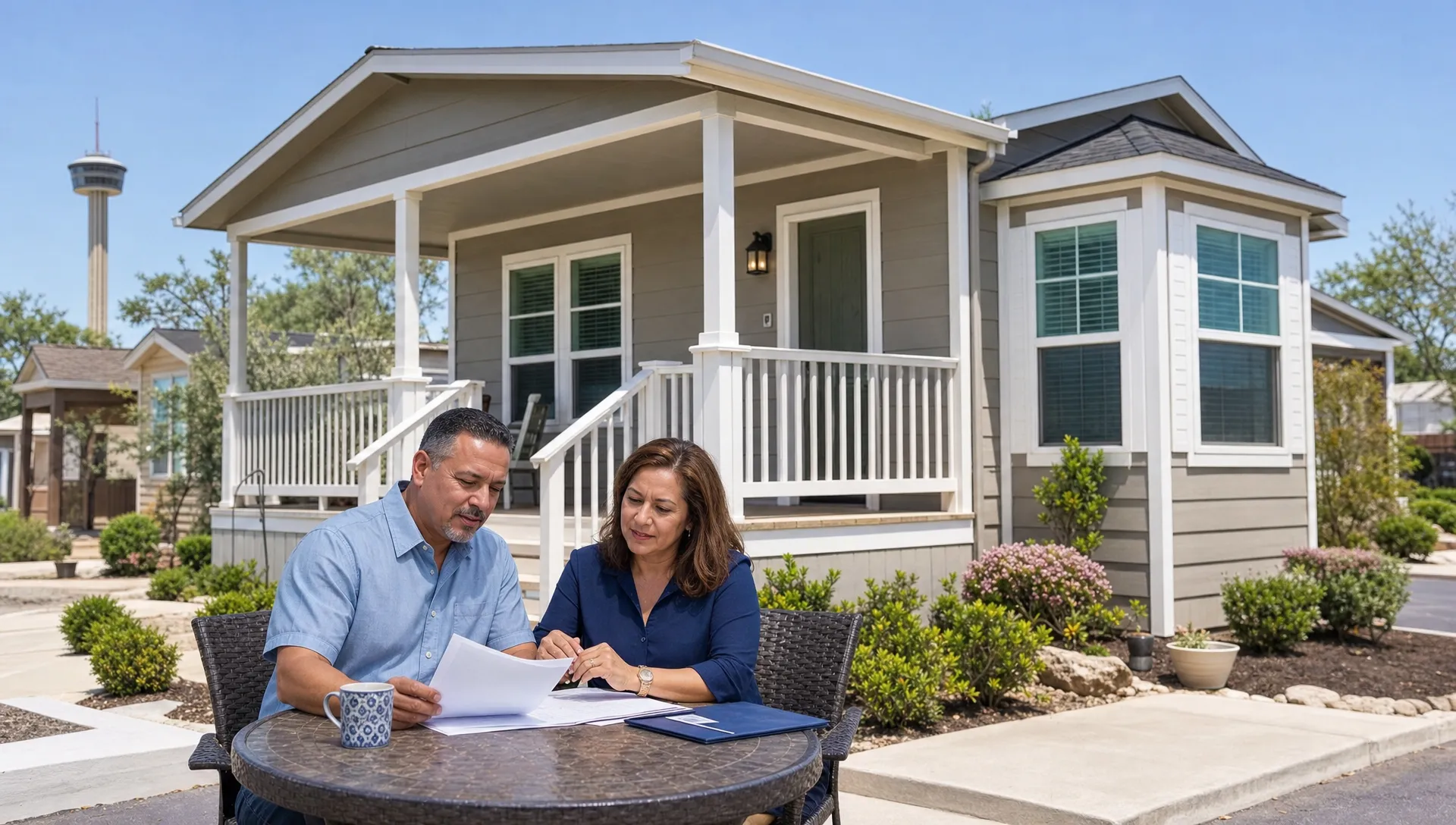 A modern manufactured home in a San Antonio-style community with a small porch, clean landscaping, and two adults reviewing paperwork at an outdoor table in front of the home.