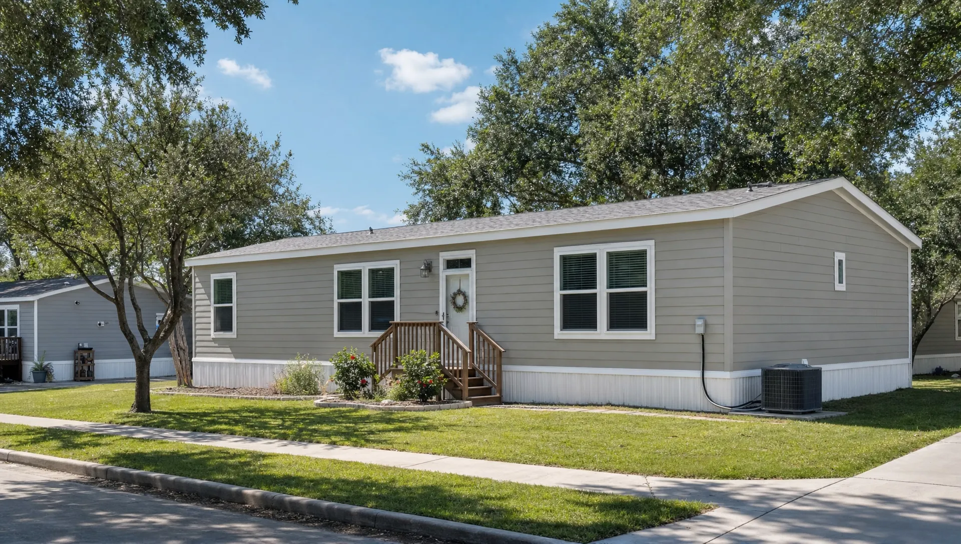 A modern manufactured home in a sunny Texas neighborhood with shade trees, a light-colored roof, clean skirting, and outdoor HVAC equipment placed beside the home.