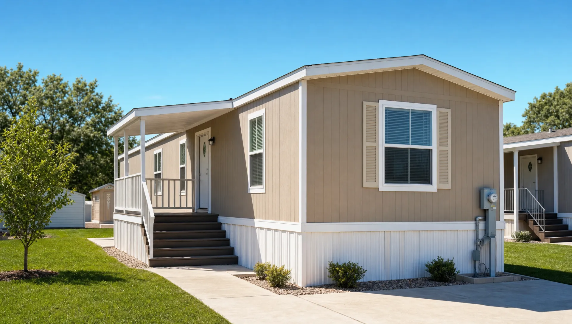 A modern manufactured home set on a prepared residential lot with clean skirting, steps, a small porch, trimmed grass, and utility connections visible in a sunny San Antonio neighborhood.