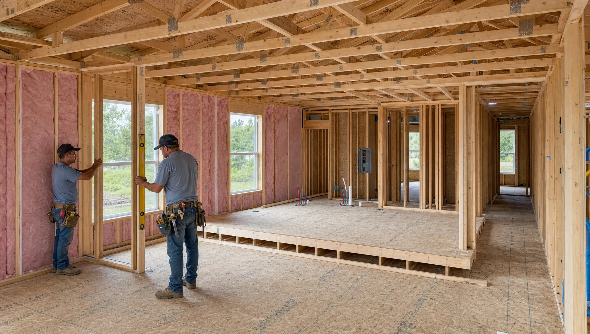 A modern manufactured home under construction on a homesite with visible framing, roof trusses, floor system, insulation, and two workers checking alignment before interior finishes are installed.