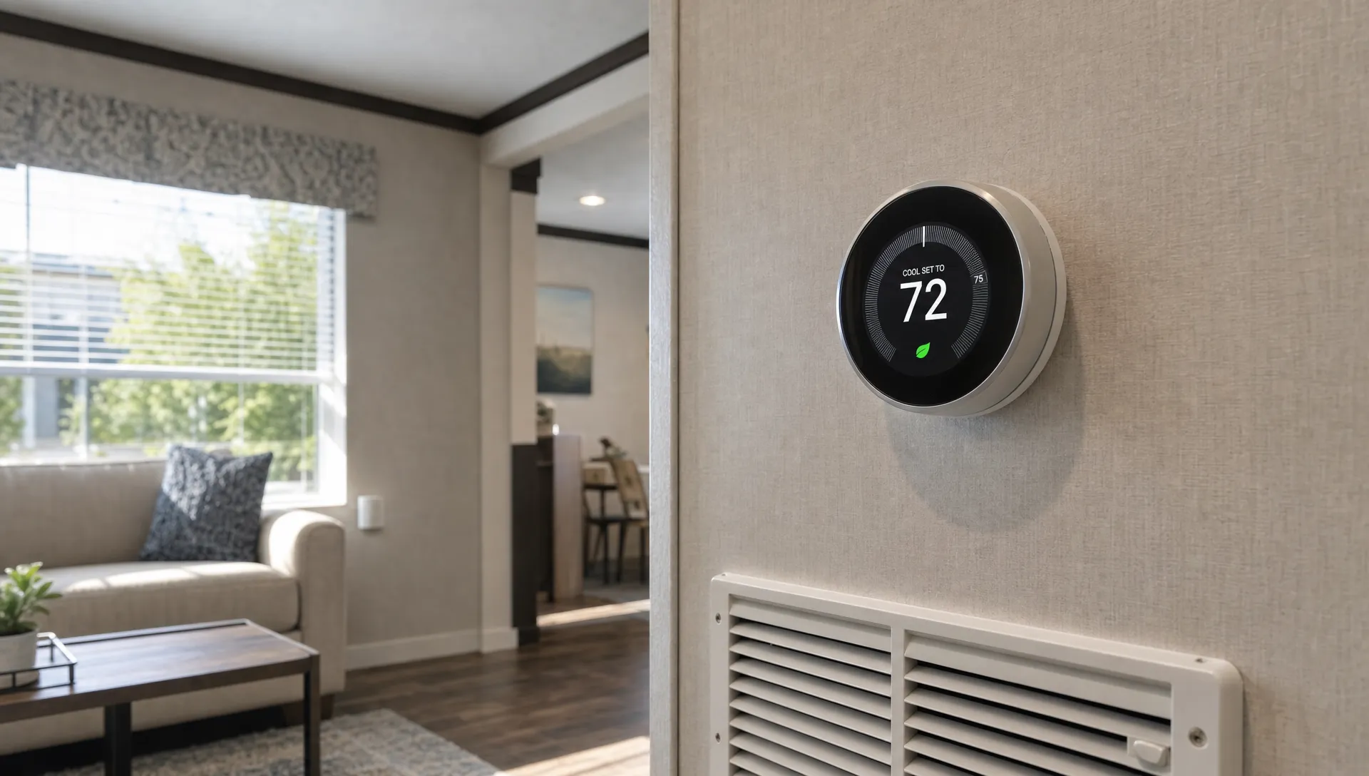 A modern smart thermostat mounted on an interior wall of a manufactured home living area, with an HVAC vent nearby and sunlight coming through a window.