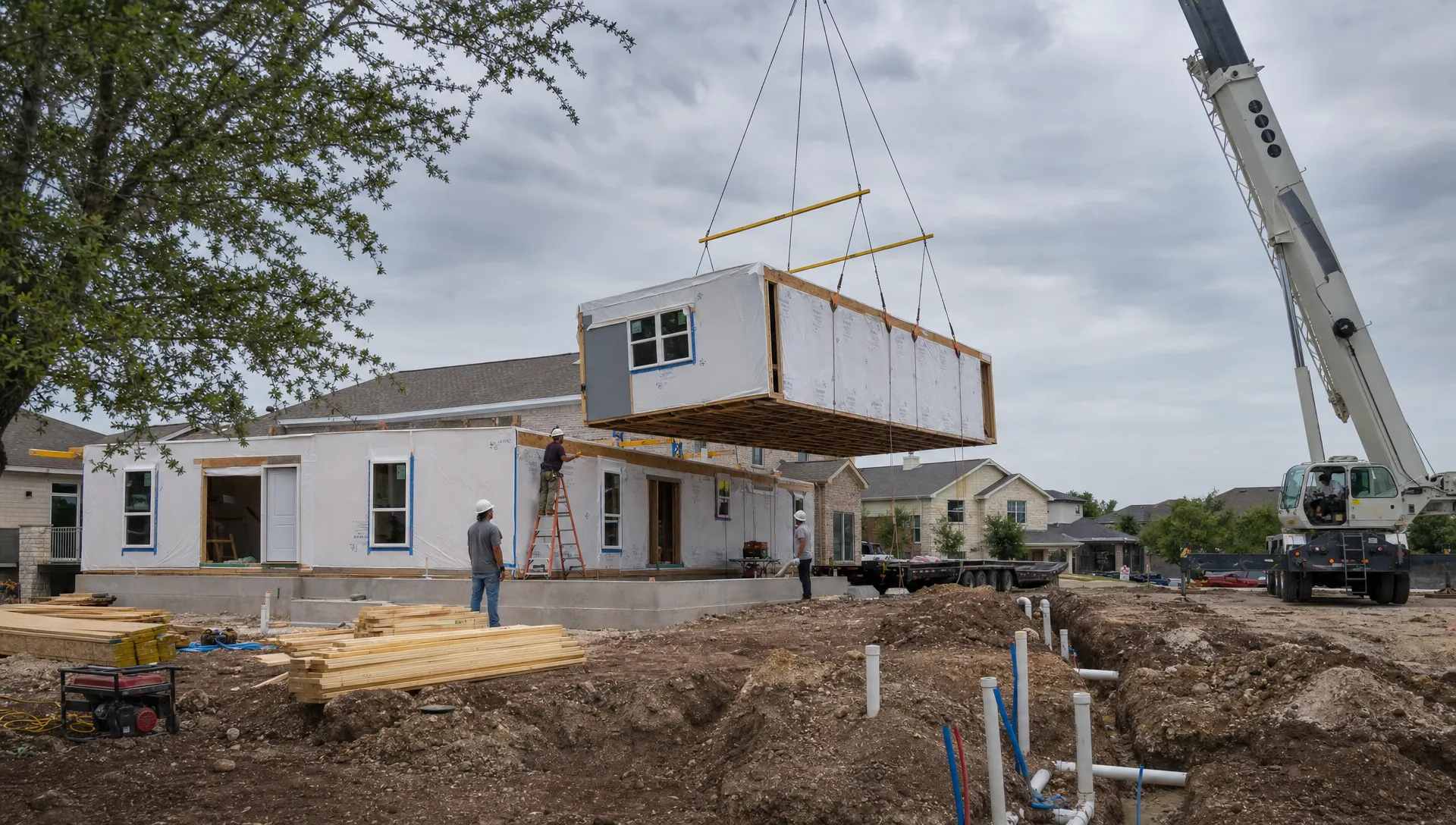A newly delivered modular home being assembled on a permanent foundation at a residential construction site, with utility trenches, construction materials, and a quiet San Antonio neighborhood in the background.