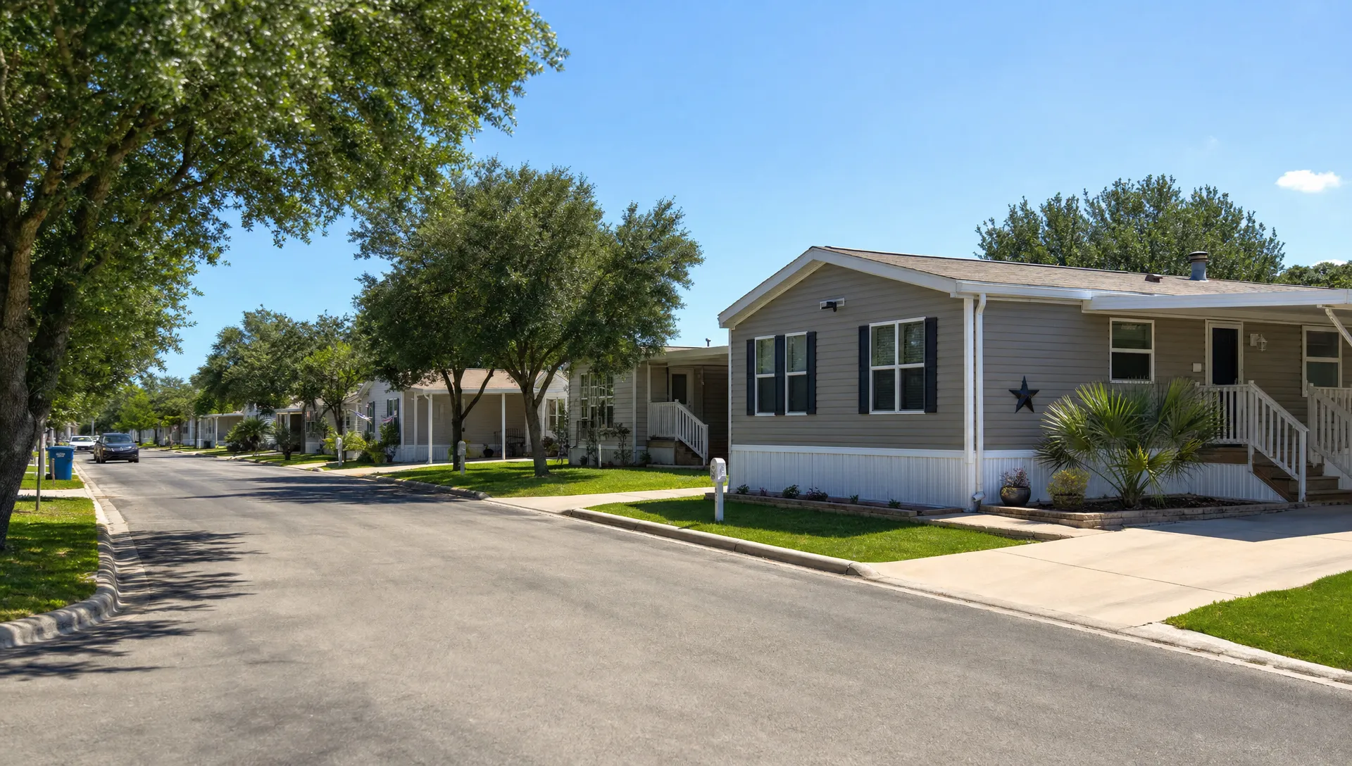 A quiet manufactured home community in San Antonio with neat homes, driveways, small yards, mature trees, and clear streets on a sunny day.