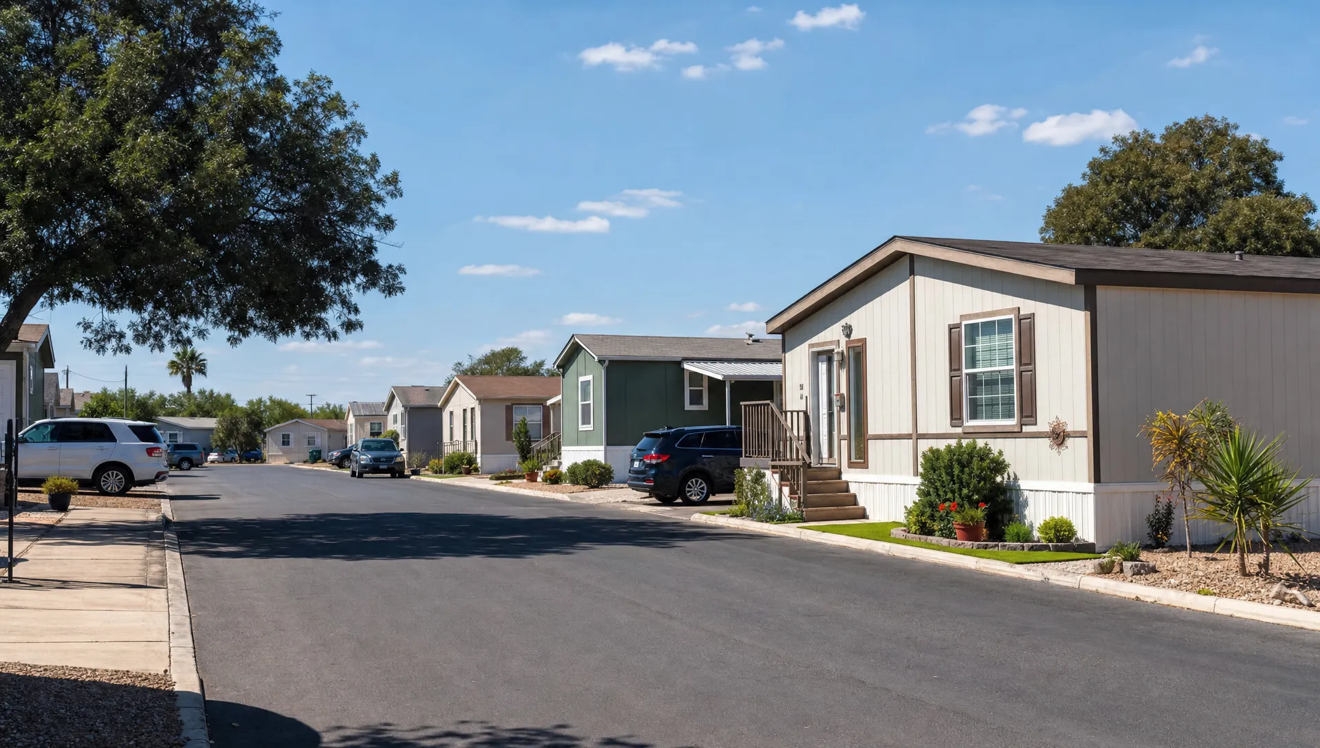 A quiet manufactured home community with modest single-section and double-section homes, a paved street, small front yards, parked vehicles, and visible spacing between homes on a sunny San Antonio block.