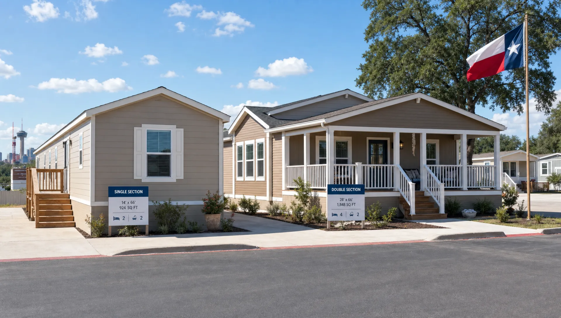A side-by-side view of a single section manufactured home and a wider double section manufactured home on a sunny San Antonio sales lot, showing the difference in width, roofline, porch space, and overall footprint.