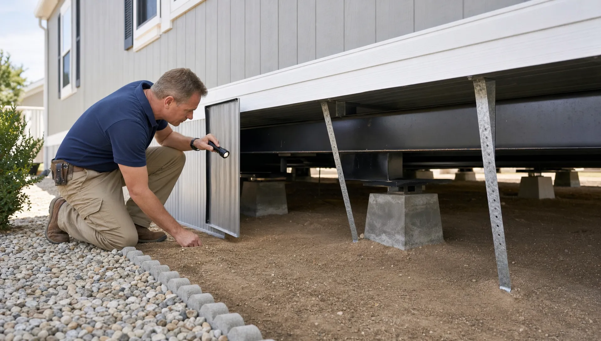 An inspector examining the underside of a manufactured home, with visible support piers, anchor straps, skirting access, dry soil, and proper drainage around the foundation area.