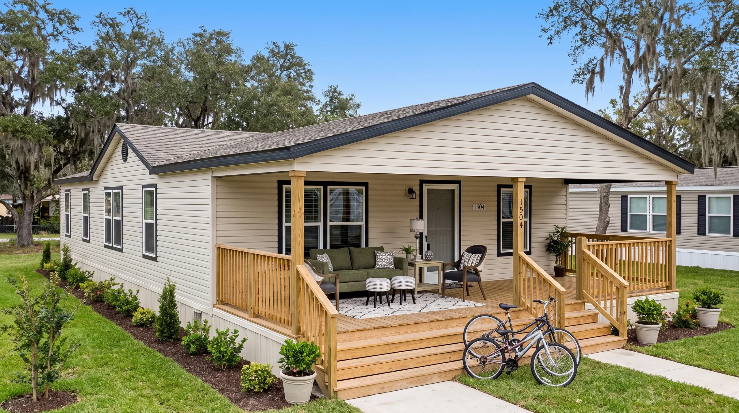 A bright doublewide manufactured home with a covered front porch, a neat yard, and bicycles near the entry, suggesting a comfortable family home in a San Antonio neighborhood.