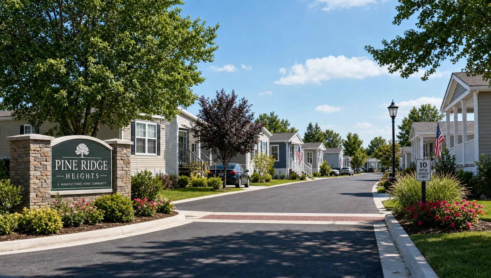 A clean manufactured home community with modern single-wide and double-wide homes, paved streets, small landscaped yards, and shared neighborhood spaces, shown from a street-level view near the community entrance.