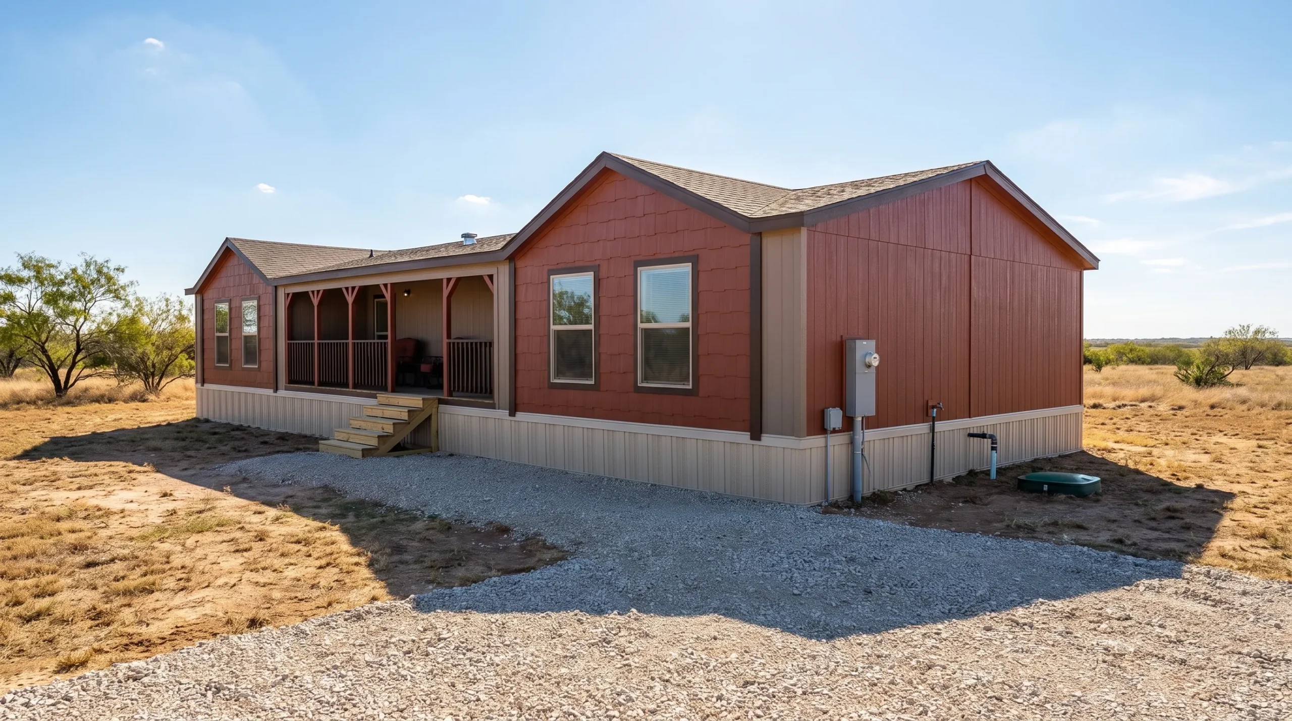 A compact manufactured home on a prepared Texas lot with skirting, front steps, a gravel driveway, utility hookups, and open land in the background.