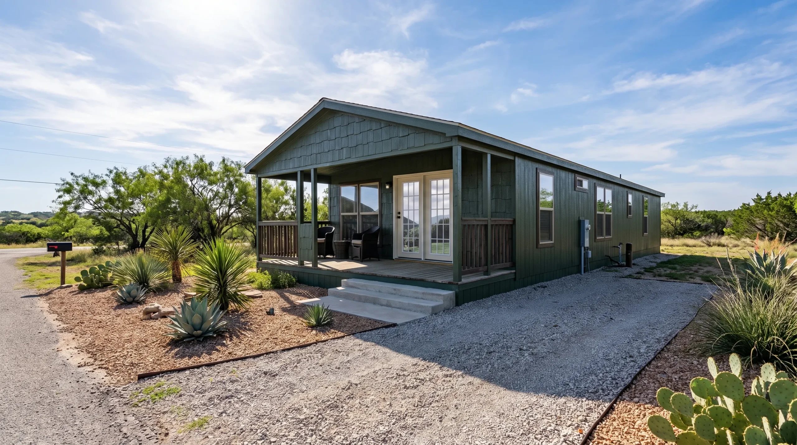 A completed double wide manufactured home on a prepared Texas lot with a covered entry, driveway, and simple landscaping.