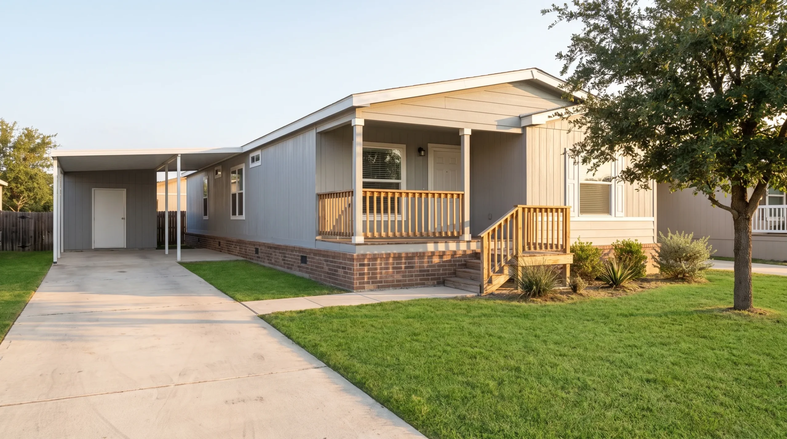 A doublewide manufactured home on a permanent foundation in a San Antonio neighborhood, shown from a front-corner view with a small porch, trimmed lawn, driveway, and clear access space around the sides of the home.