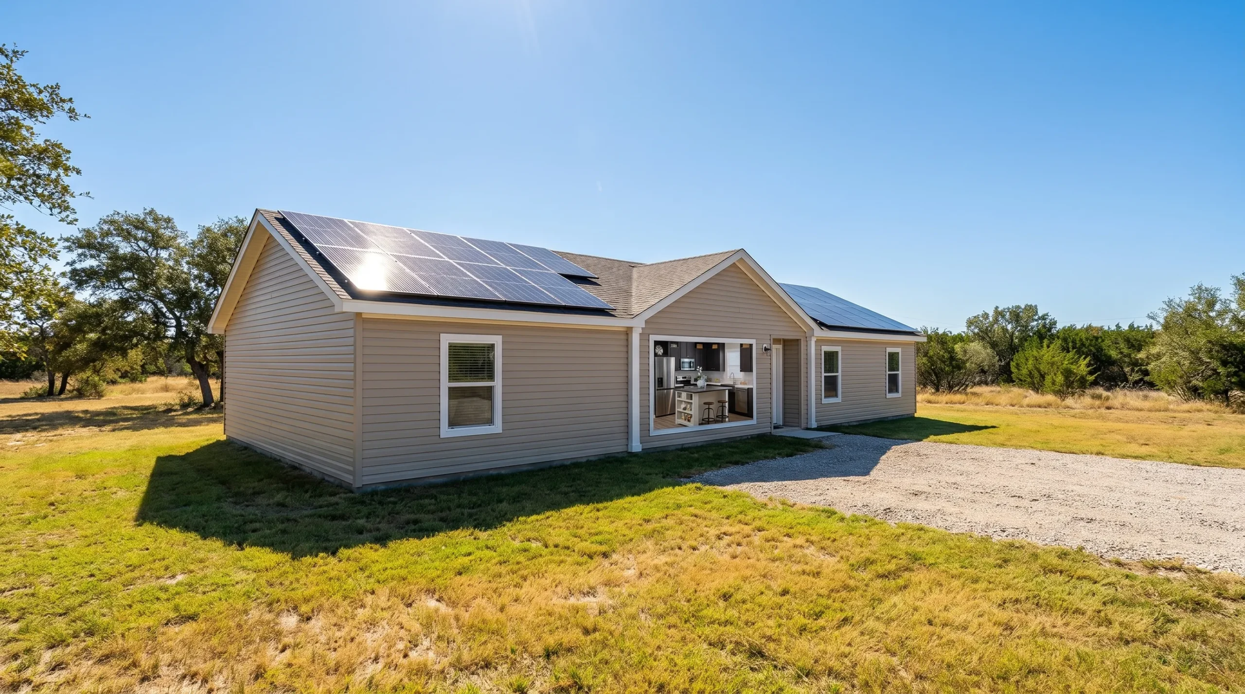 A doublewide manufactured home on a Texas lot with solar panels on one roof plane and open grass around the home.