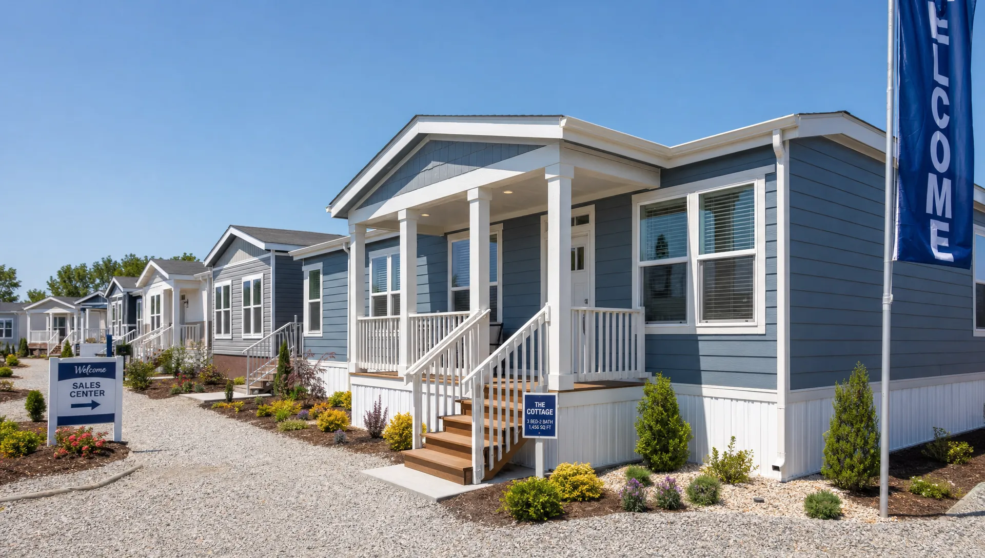 A factory-built home displayed on a local sales lot with several model homes nearby, a gravel walkway, small landscaping details, and a clear view of the front porch and exterior features.