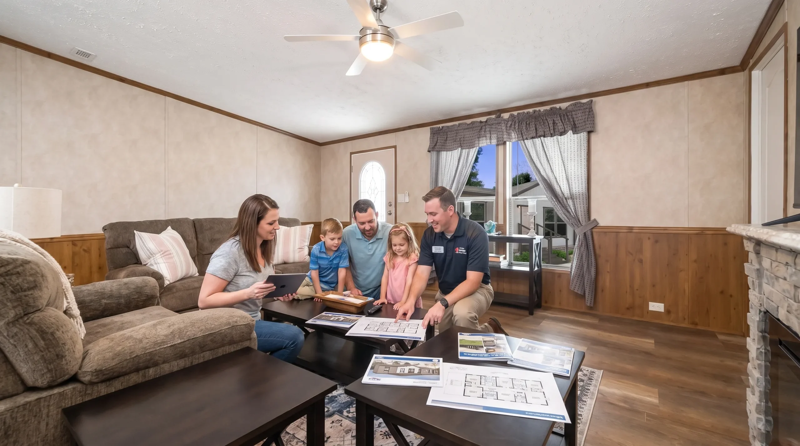 A family touring a double wide manufactured home interior with an open living room and kitchen, looking over printed floor plans on a table while a local home consultant answers questions.