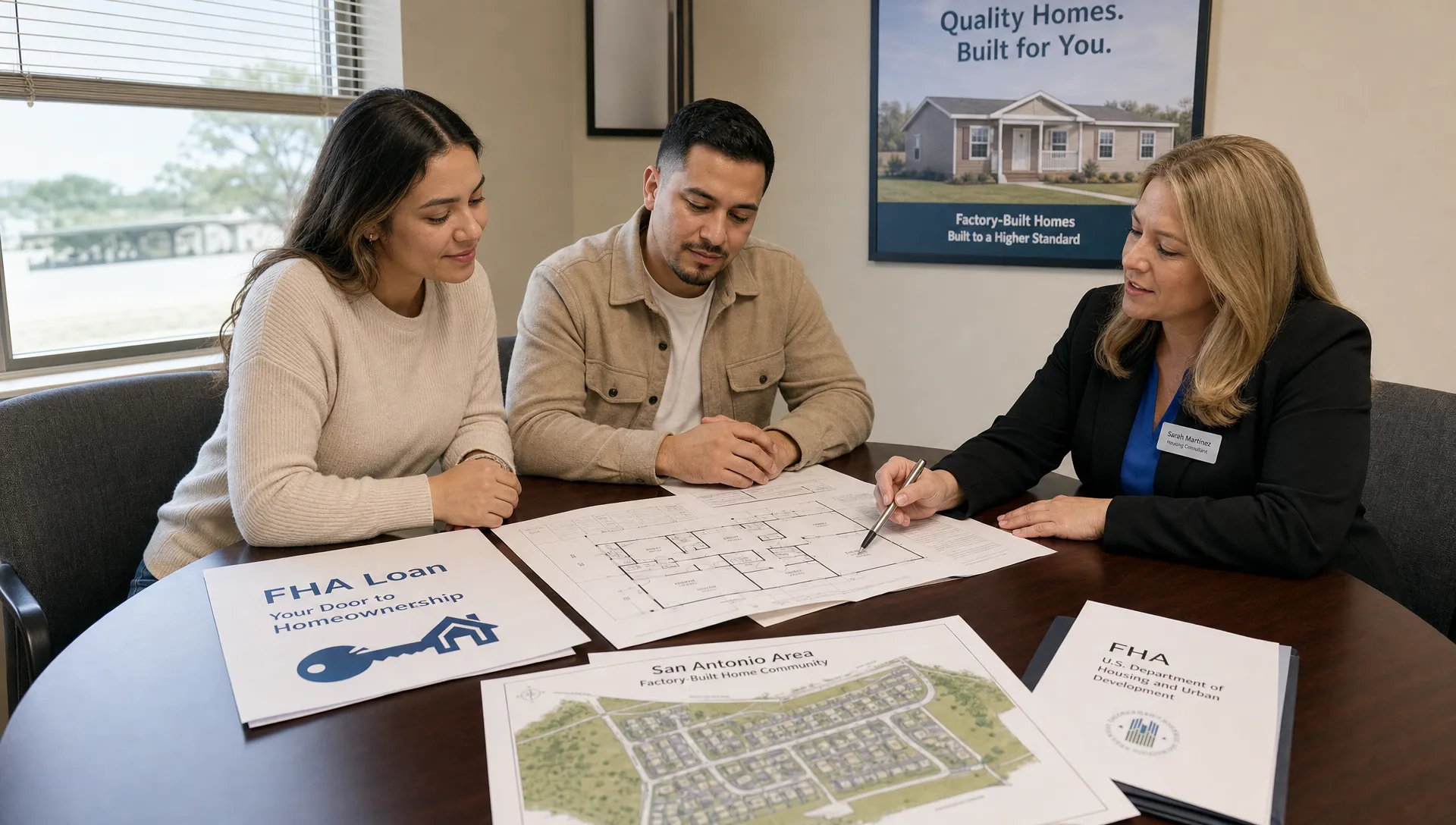 A homebuyer sits with a housing consultant and loan professional reviewing printed floor plans, FHA paperwork, and a site map for a factory-built home in the San Antonio area at a small conference table near a window.