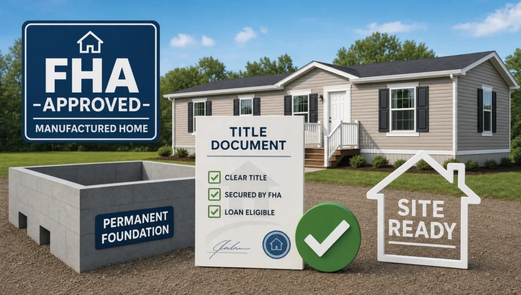A layered graphic of a home outline, title document and checkmark represents FHA manufactured home approval.