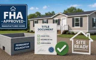 A layered graphic of a home outline, title document and checkmark represents FHA manufactured home approval.