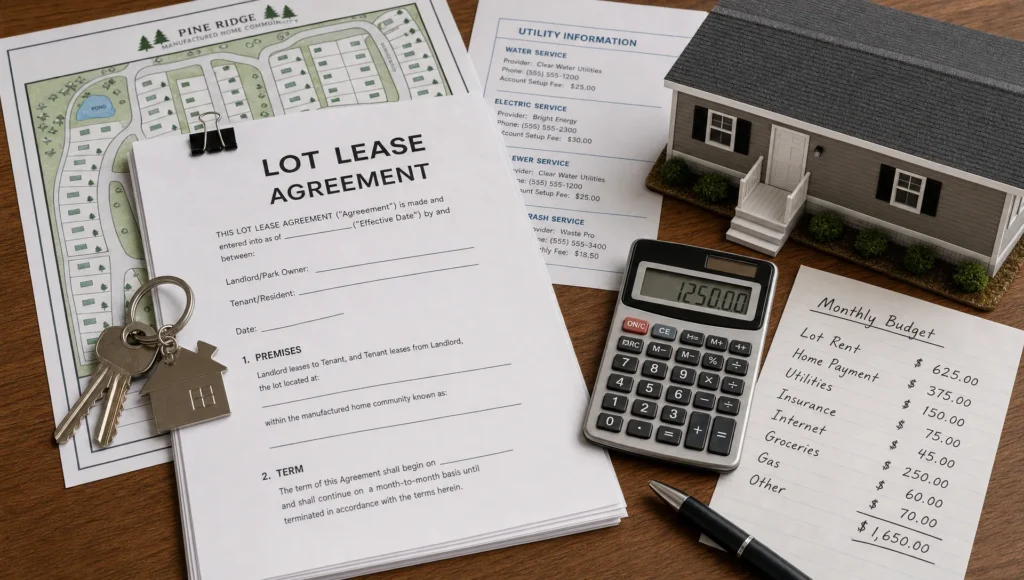A lot lease packet, calculator, and home model sit beside a monthly budget sheet for buying a manufactured home in a park.
