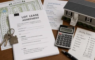 A lot lease packet, calculator, and home model sit beside a monthly budget sheet for buying a manufactured home in a park.